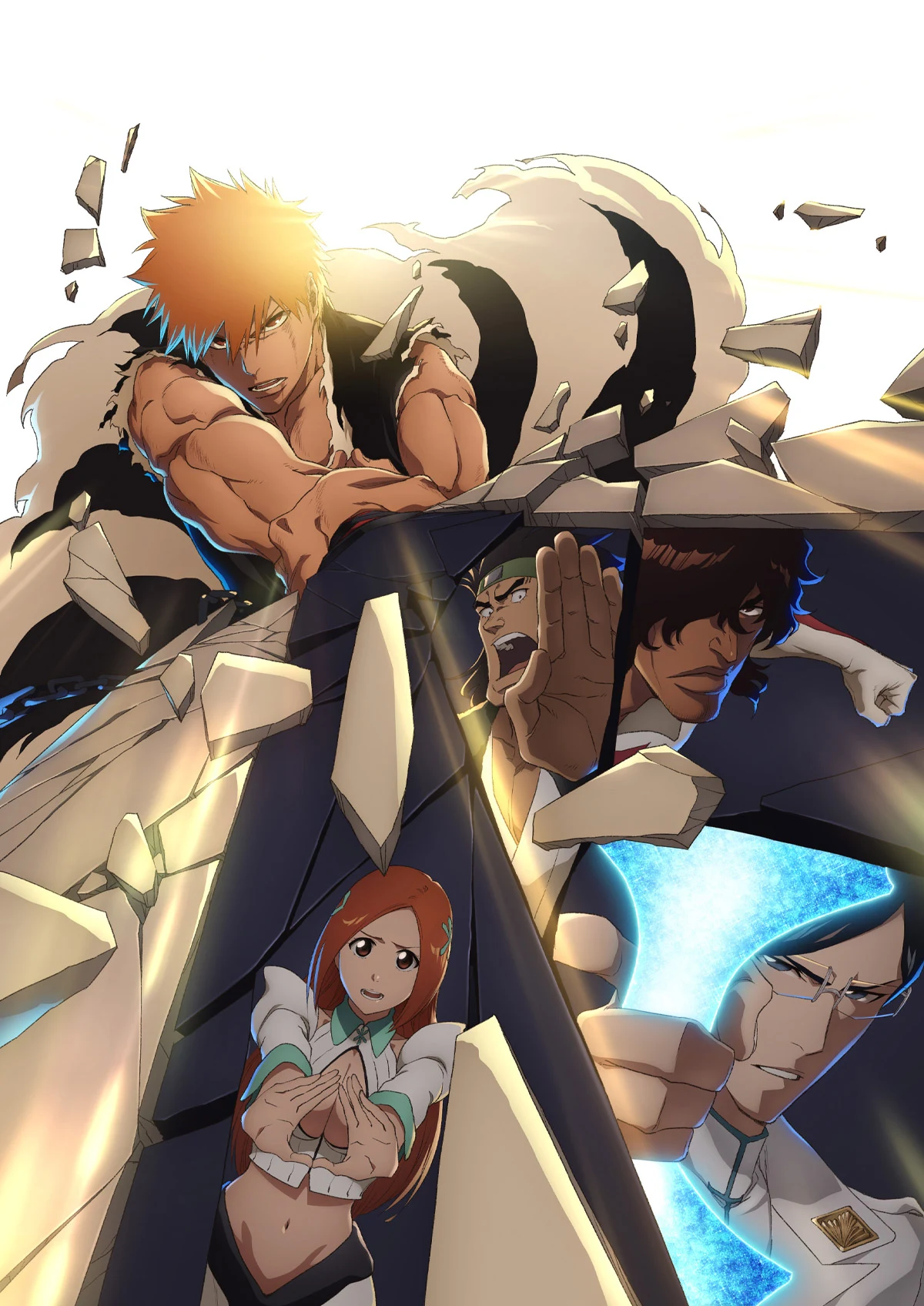 Previously released BLEACH: Thousand-Year Blood War — The Calamity key art with Ichigo, Orihime, Chad, Ganju and Uryu amid broken rubble.